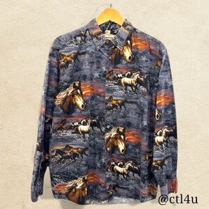 Vintage Bit & Bridle Horse Print Western Shirt L Cowboy Ranchcore USA